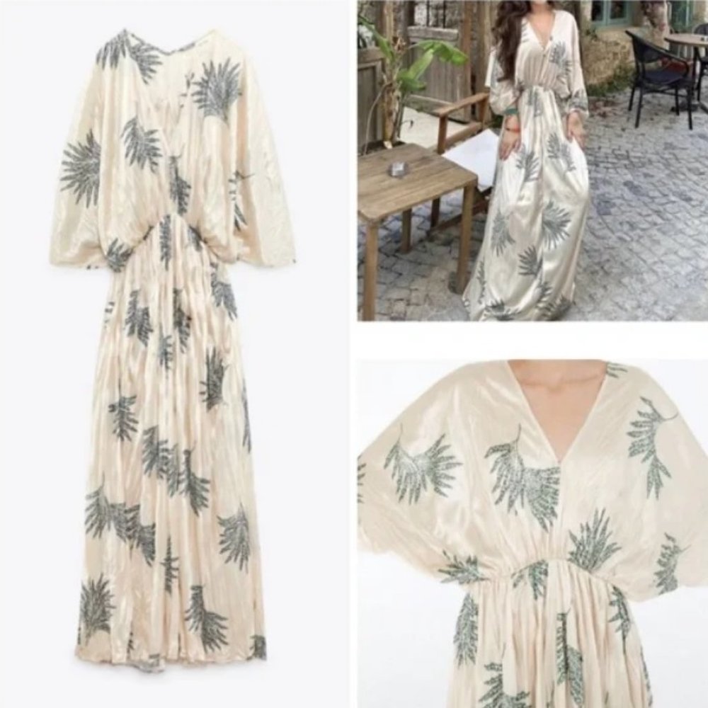Zara Cream Maxi Dress with Green Leaf Print